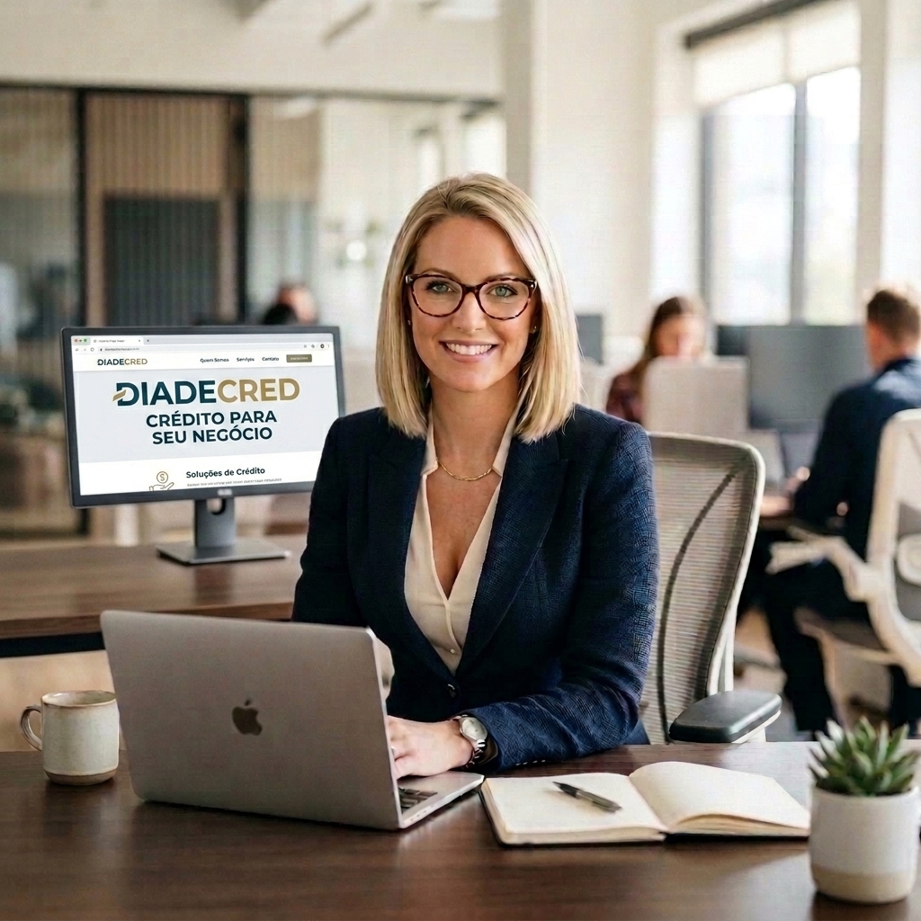 Profissional confiante em ambiente corporativo representando o crédito DIADECRED